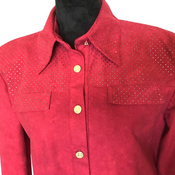 Jordana Metallic Dot Tunic: Vintage 70s Blouse, Red w/Gold Dots, Size Small 6-8 - Picture 6 of 9